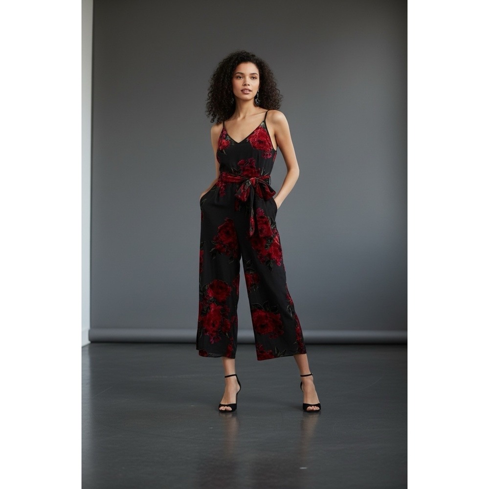 Anthropologie Ett:twa Red Black‎ Floral Velvet Burnout Waisted Jumpsuit Romantic